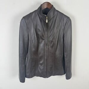 Cole Haan Womens Genuine Lambskin Leather Jacket Brown Zip Moto Minimalist Size